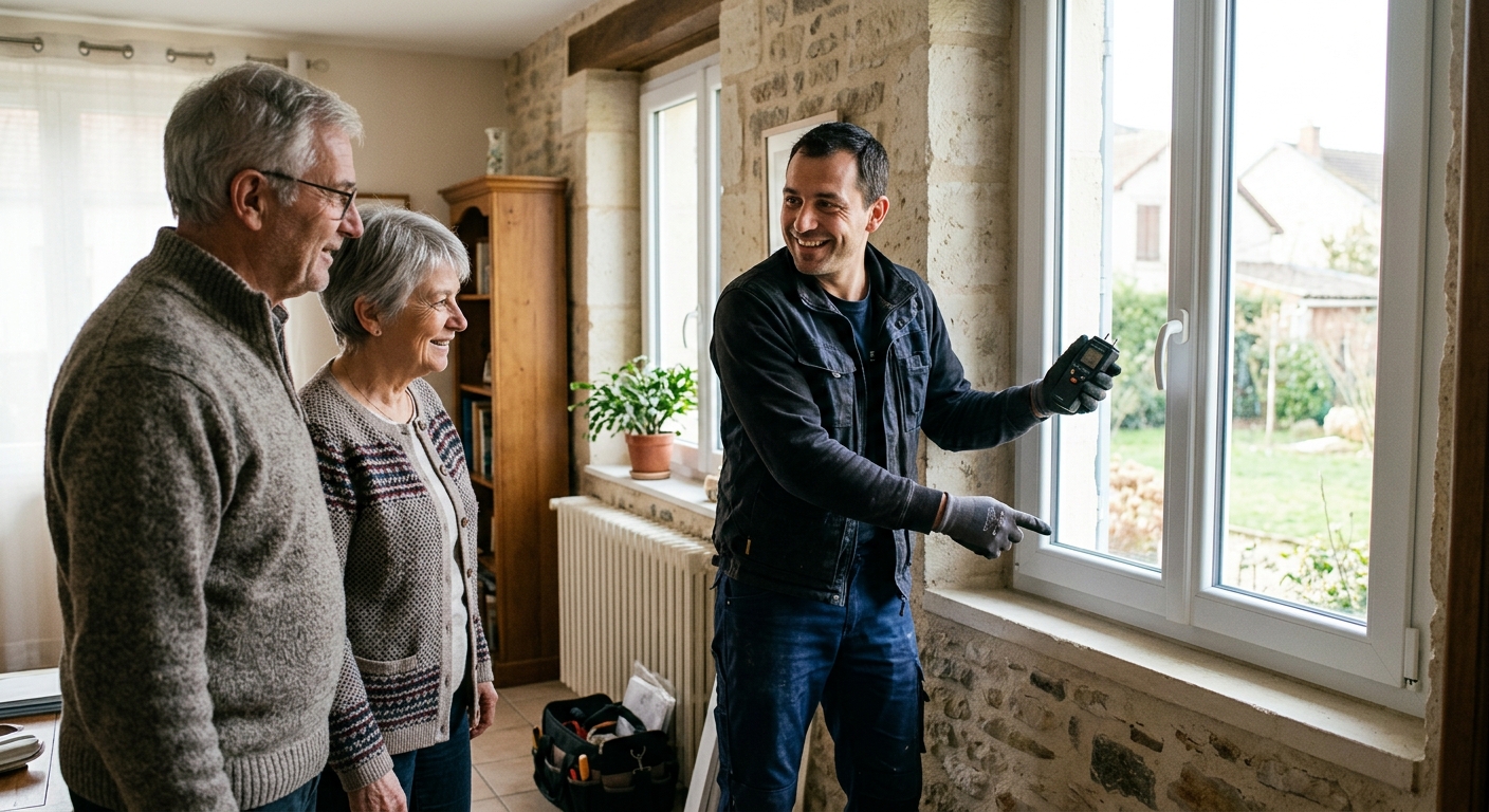 Artisan plombier chauffagiste discutant avec des clients
